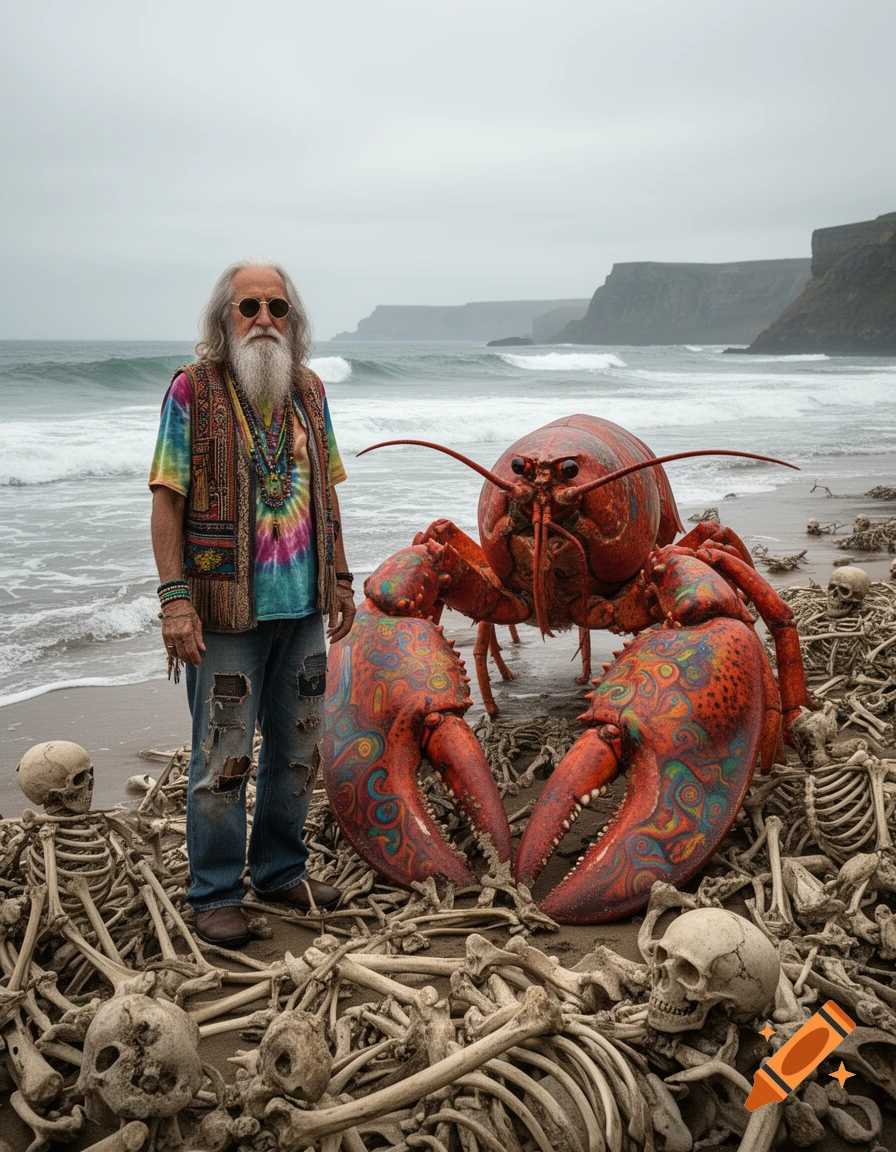 An old hippie man with long grey hair, a beard, and sunglasses stands on a beach next to a giant psychedelic lobster. The ground is covered in human skeletons. Photorealistic style.