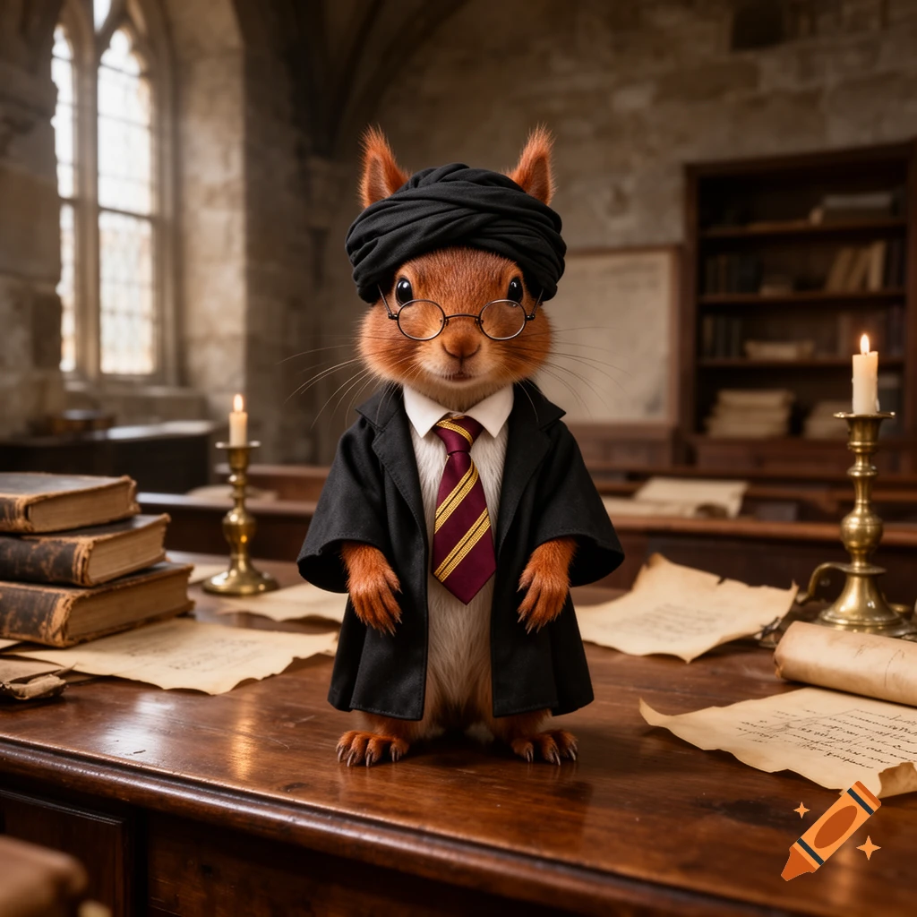 Photorealistic image of a red squirrel dressed as Professor Quirrell from Harry Potter, standing on a wooden desk in a library.