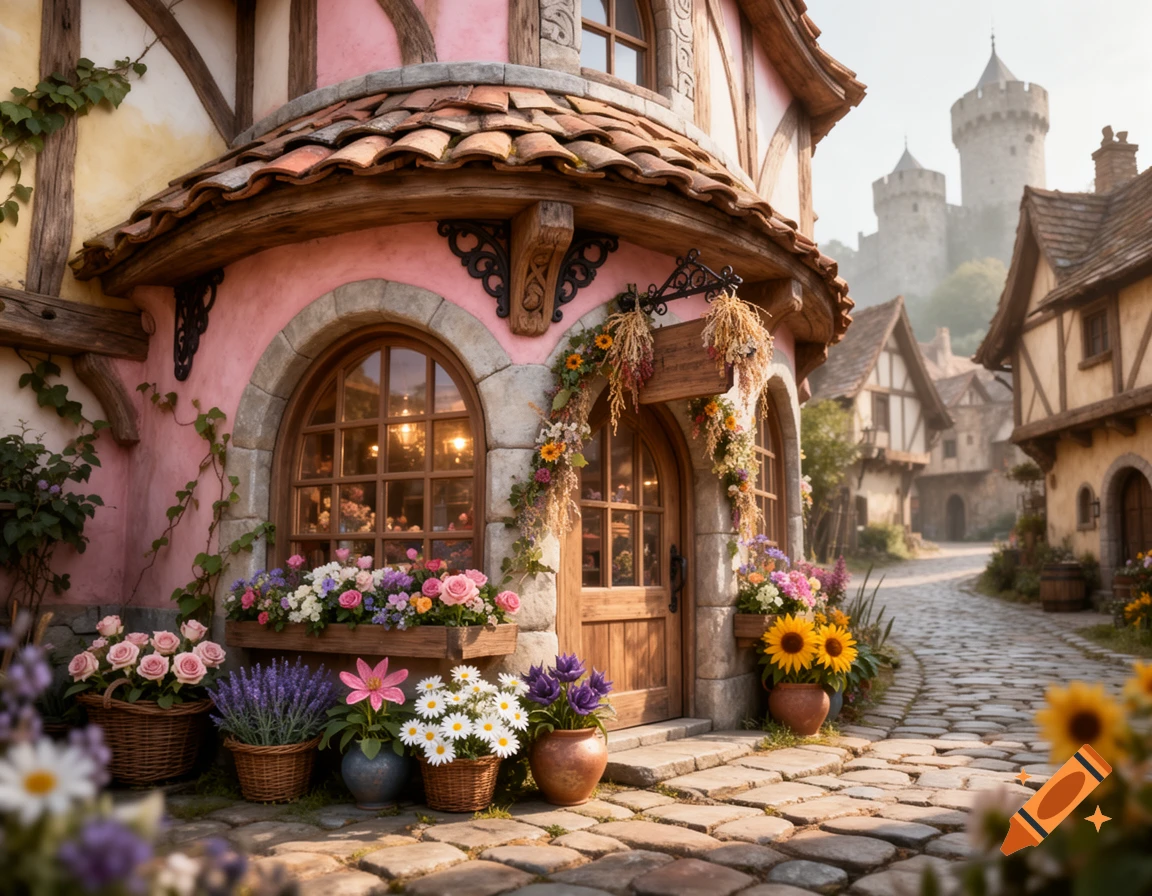 Photorealistic medieval fantasy flower shop with pink and white walls, cobblestone street, and castle in the background.