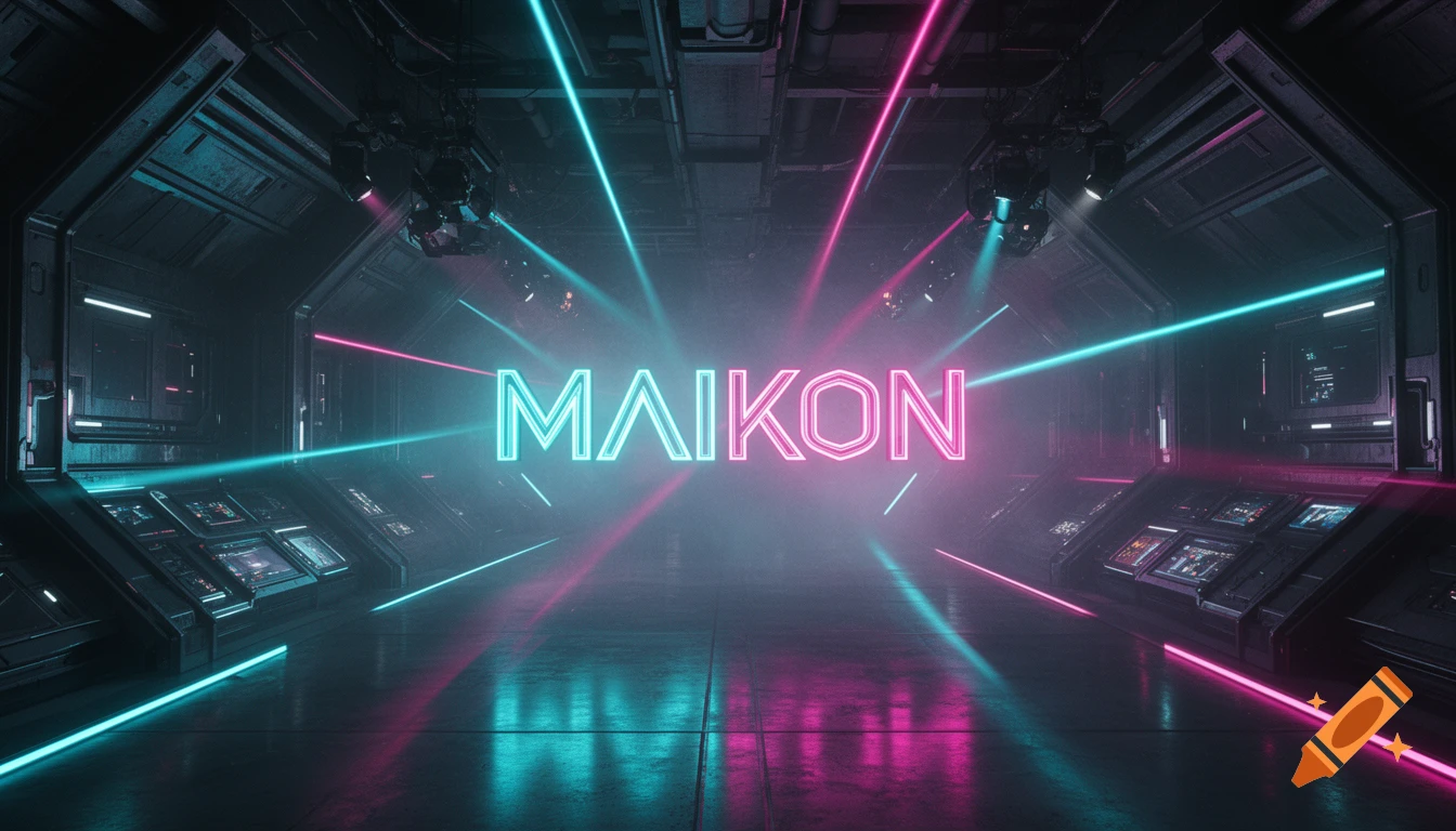 Futuristic cyber studio background with glowing cyan and magenta neon text reading MAIKON, laser beams, and cinematic lighting.