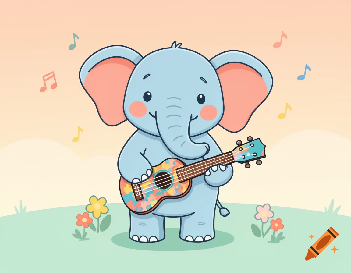 A cute blue elephant holding a colorful ukulele in a grassy field with musical notes floating in the air, digital illustration.