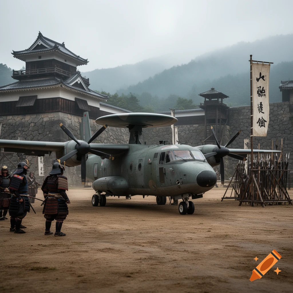 An E-2 Hawkeye surveillance aircraft parked in front of a traditional Japanese castle courtyard with samurai.