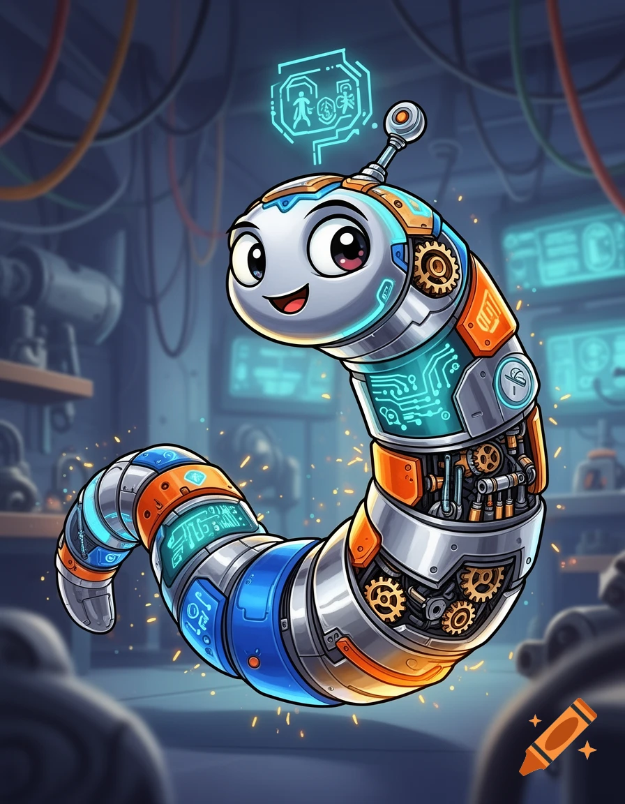 Digital illustration of a cute cartoon cyborg worm with metallic segments, glowing circuits, and smiling eyes in a laboratory setting.