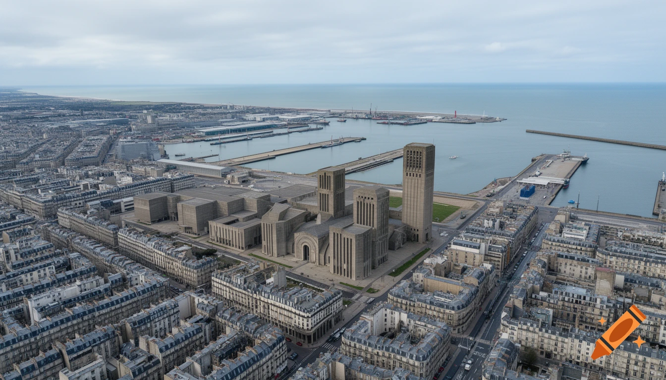 Aerial view of a coastal city with a large modern concrete church and harbor, photorealistic.