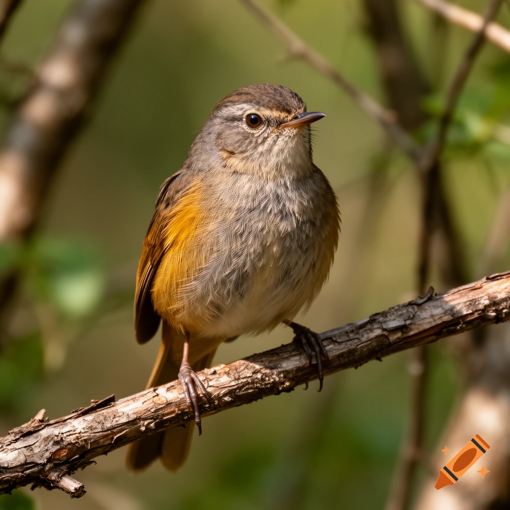 Photorealistic image of a small brown and gray bird perched on a branch.