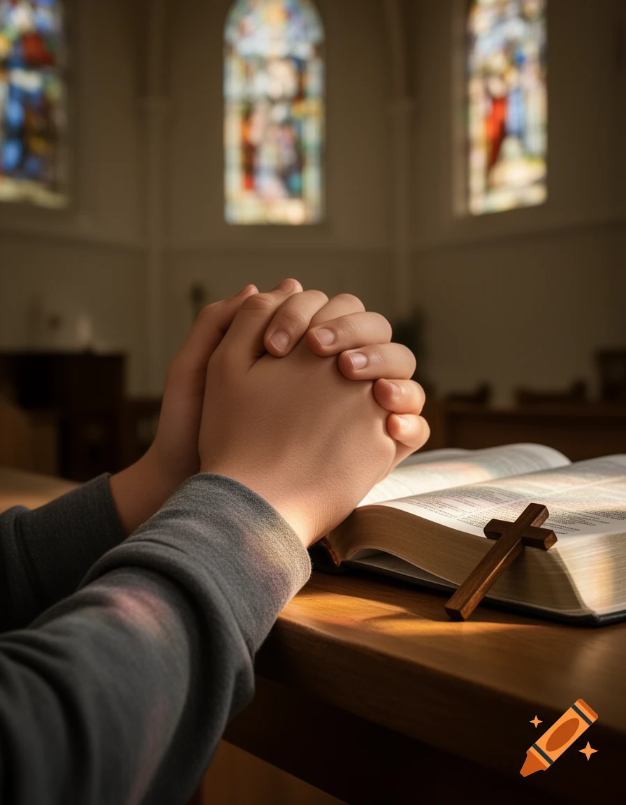 Close-up of hands clasped in prayer resting on a wooden pew next to an open Bible and a wooden cross inside a church.