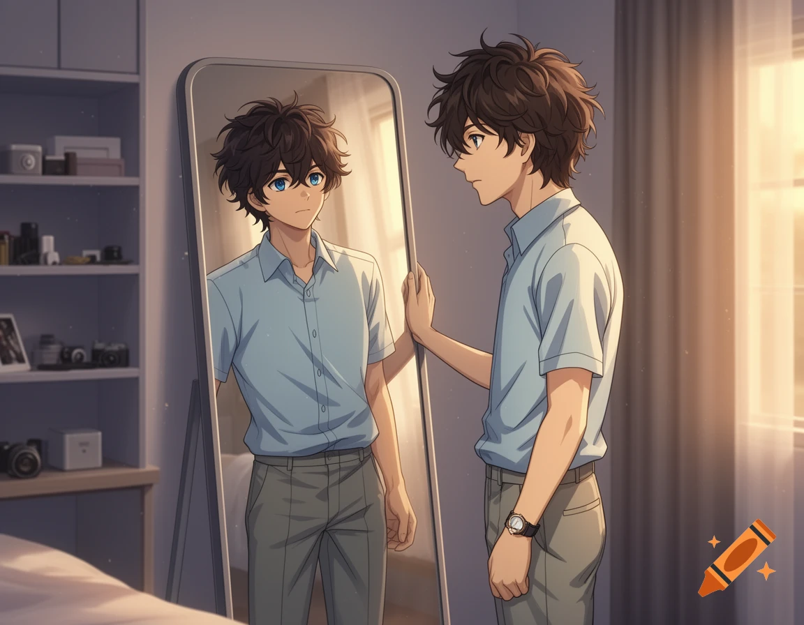 Anime boy with dark messy hair and blue eyes looking at his reflection in a full-length mirror, indoor setting.