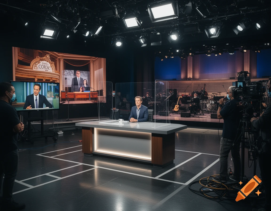 A late-night television talk show set with a host at a desk, surrounded by cameras, monitors, and crew members.