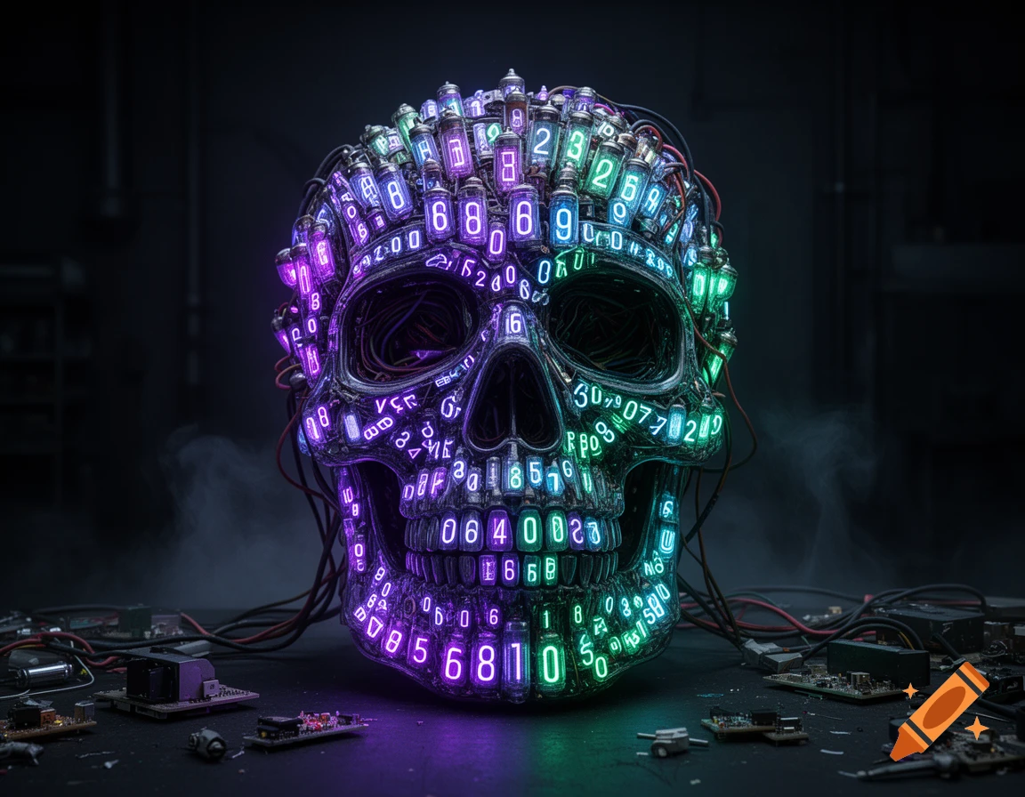 A detailed photorealistic skull sculpture made from glowing alphanumeric gas-display tubes and electronic wires on a dark workbench.