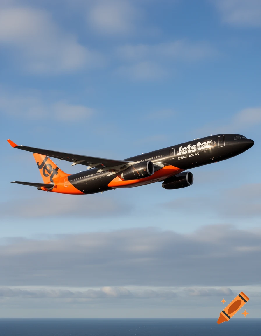 A black and orange Jetstar airplane flying against a partly cloudy blue sky.