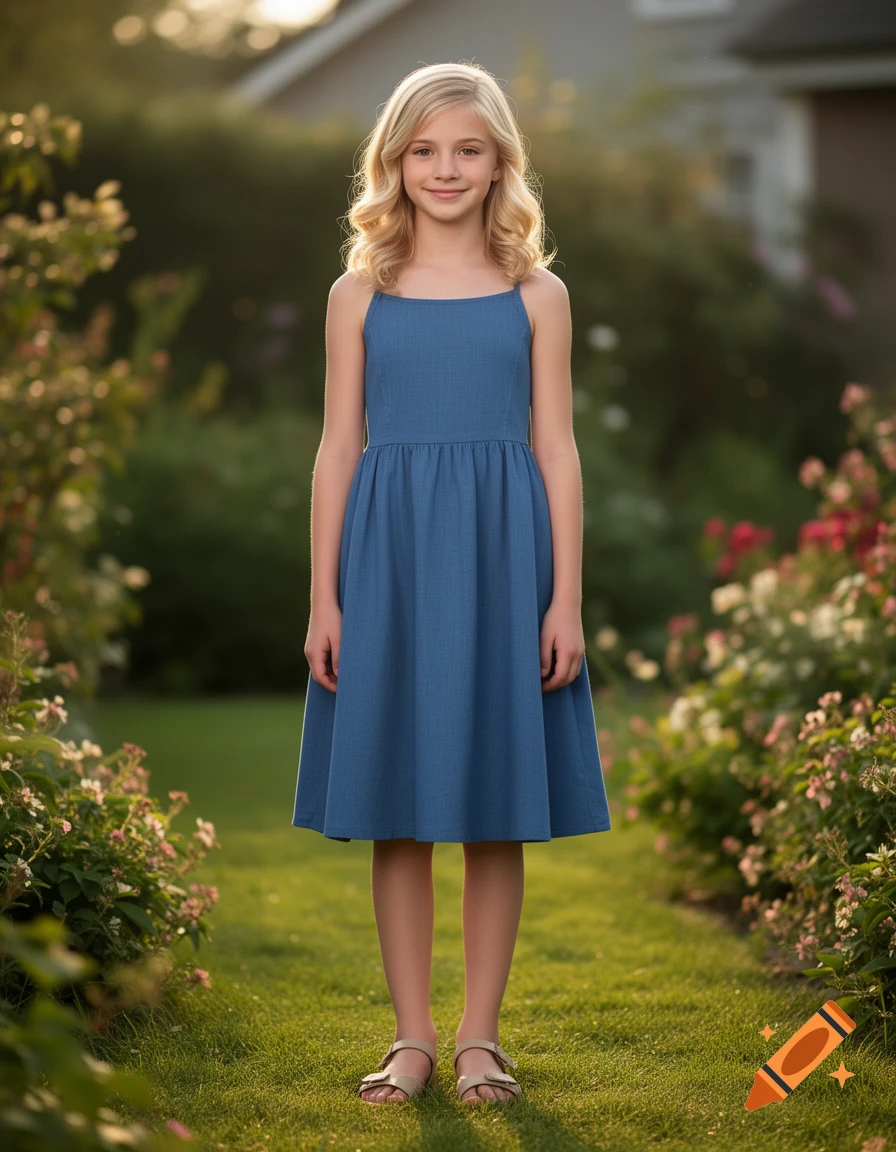 Full-body photorealistic portrait of a blonde teen girl in a blue sundress standing in a garden path.