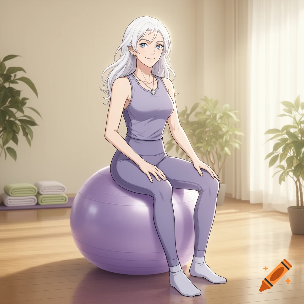 Anime style illustration of a white-haired woman sitting on a purple yoga ball in a room with potted plants.
