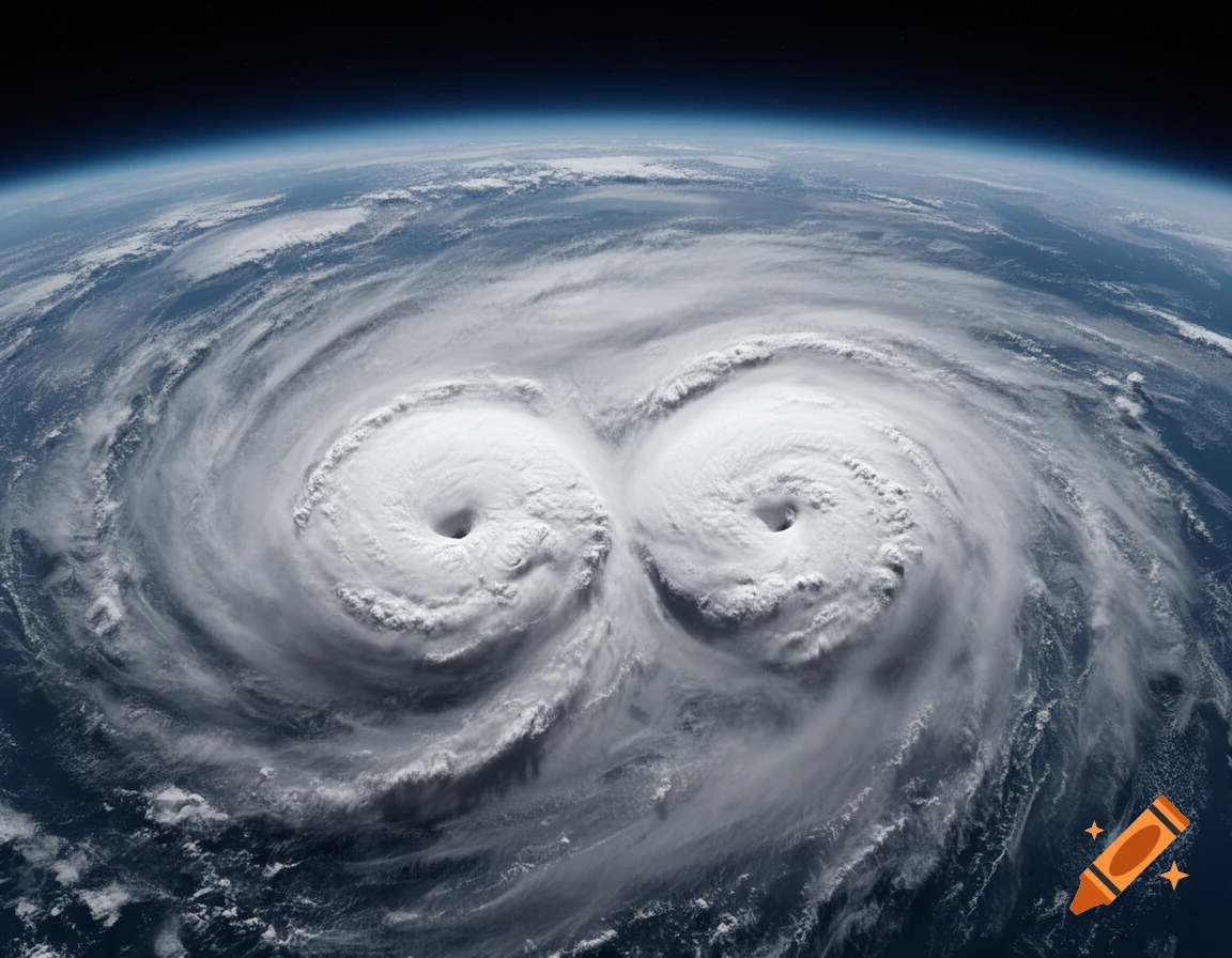 Photorealistic satellite view of Earth showing two adjacent hurricane cloud formations resembling a figure-eight shape.