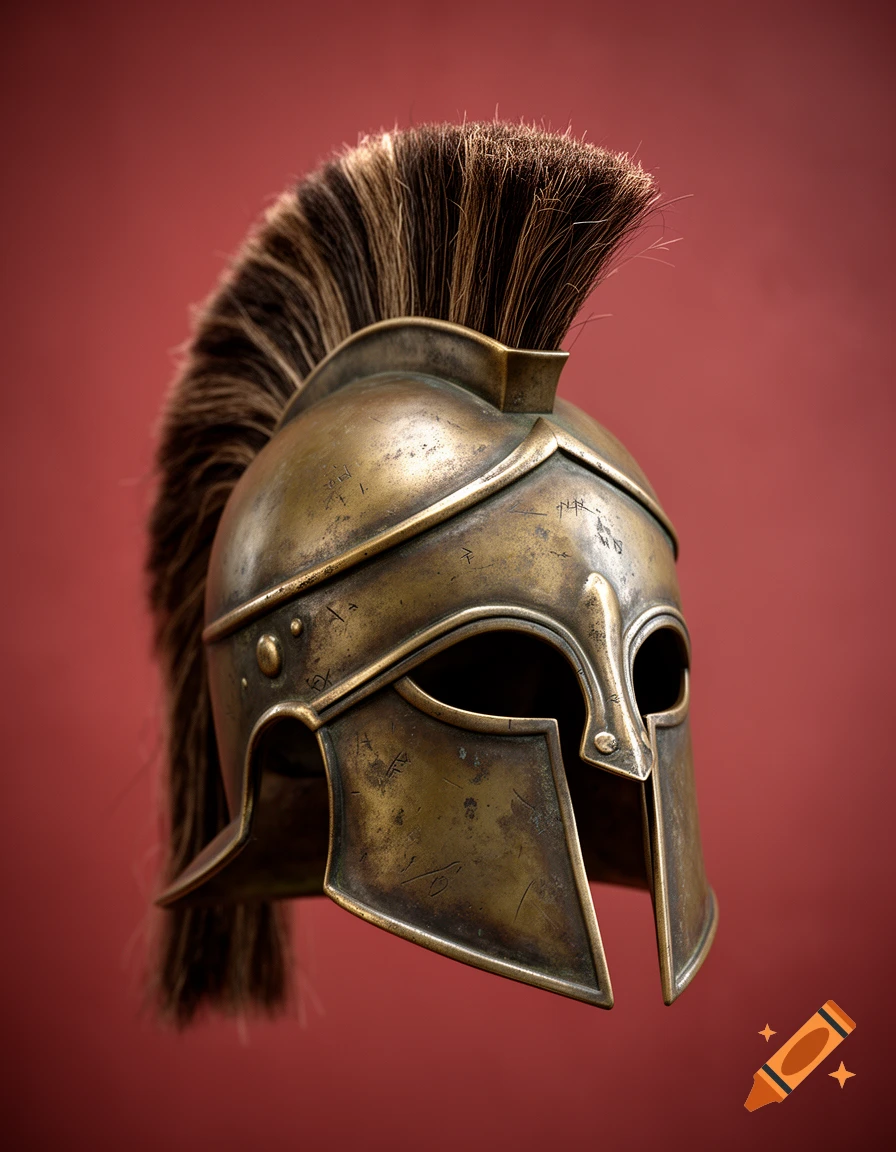 Photorealistic ancient Greek Corinthian bronze helmet with a horsehair crest against a red background.