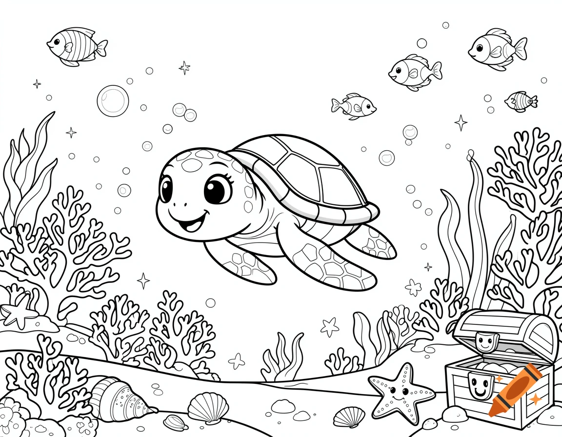 Black and white coloring page of a cute sea turtle swimming among fish, coral, and a treasure chest.