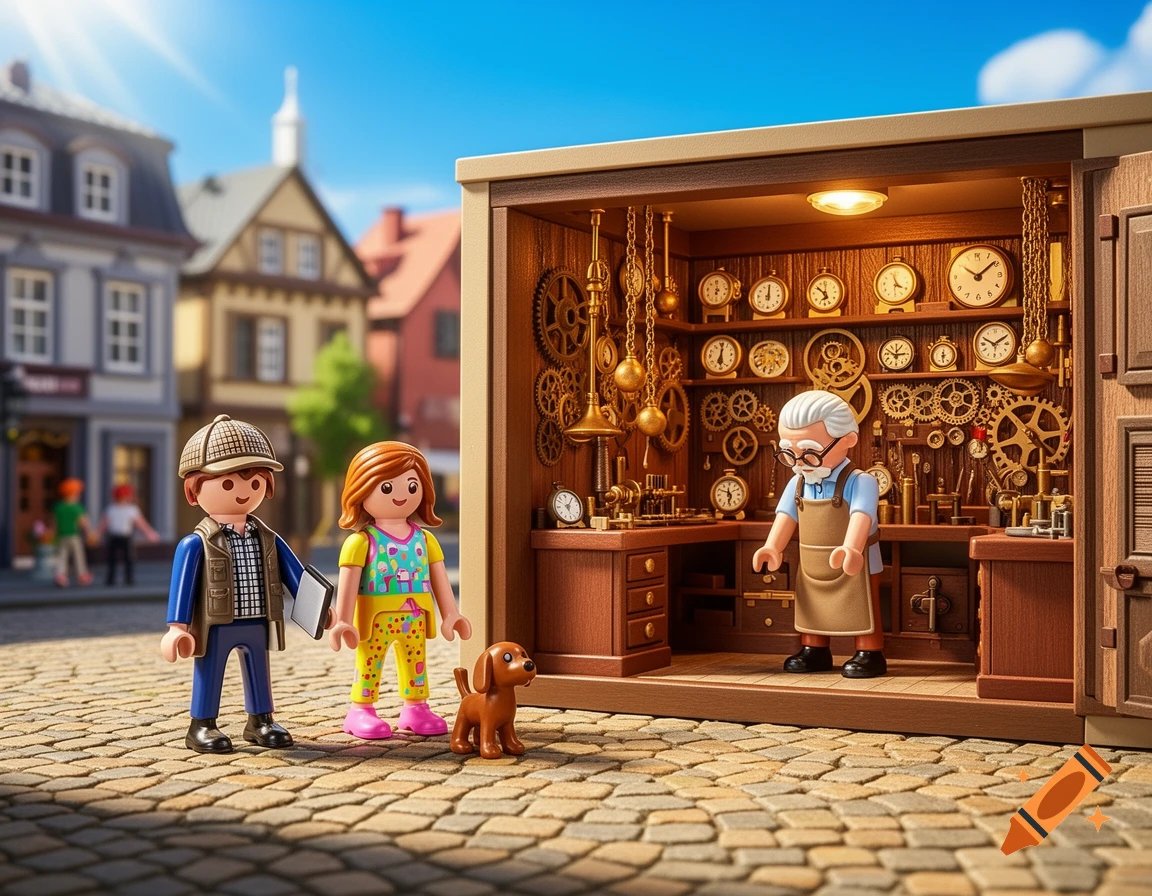 3D render of a Playmobil scene with a boy, girl, dog, and watchmaker in a workshop.