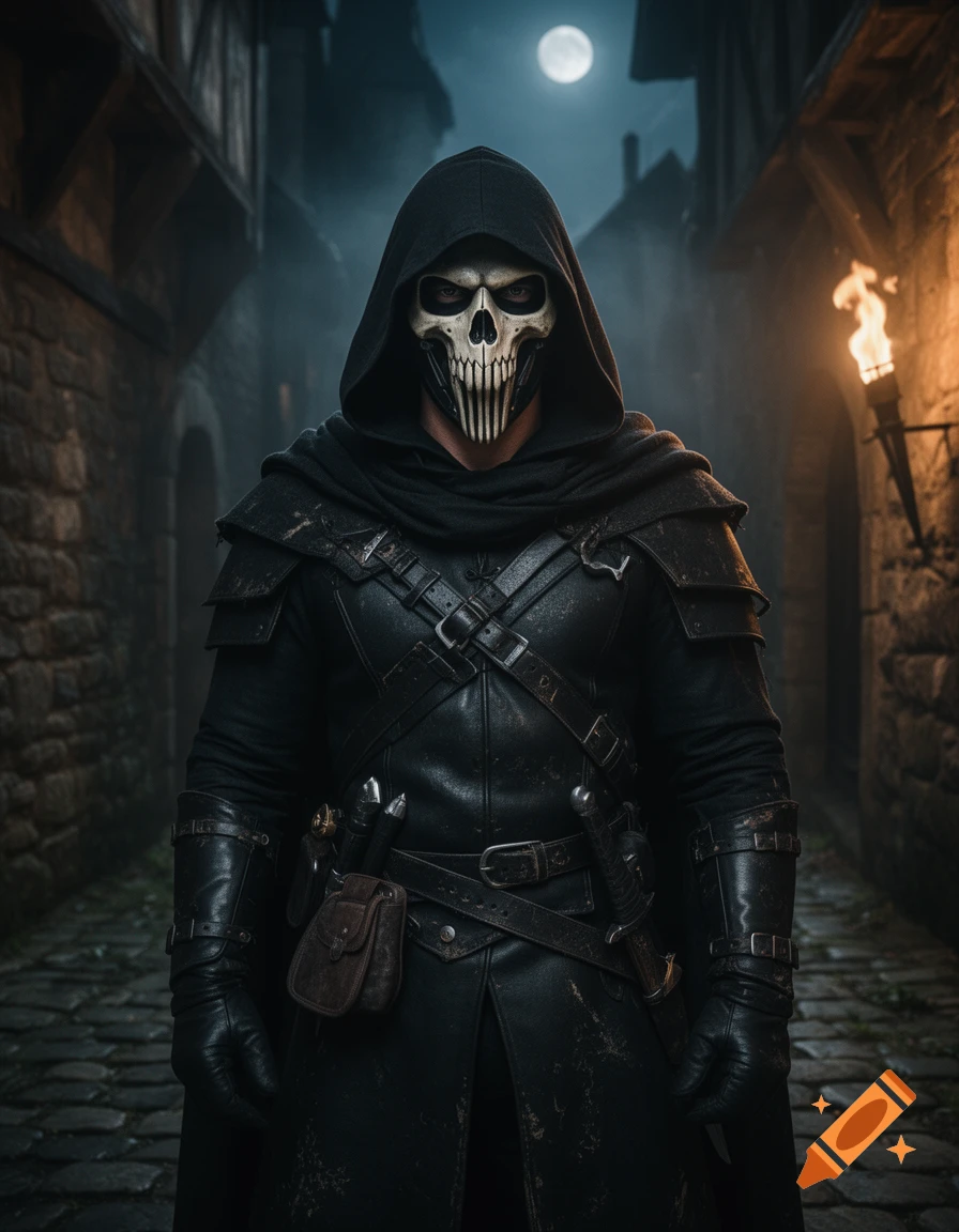 Photorealistic image of a male rogue in a dark alleyway, wearing a black hood and a white skull mask.