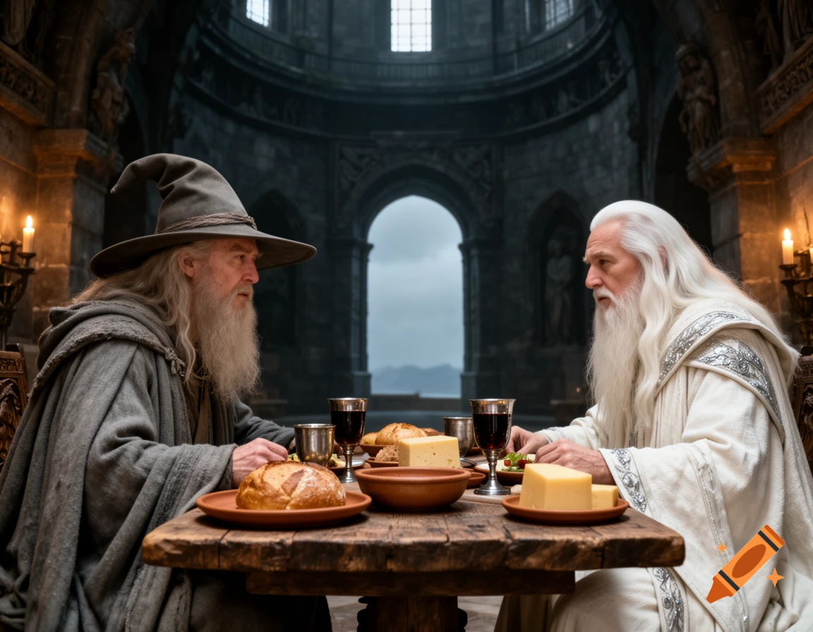 Photorealistic medium shot of Gandalf and Saruman sitting at a rustic wooden table inside a stone tower, sharing food and wine.