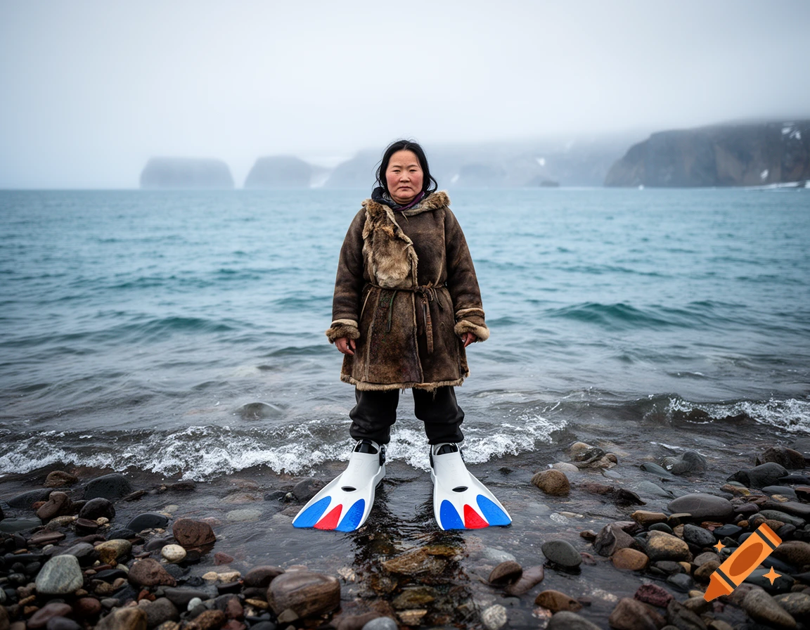 Photorealistic image of a Chukchi woman standing on a rocky beach by the sea wearing large blue, white, and red flippers.