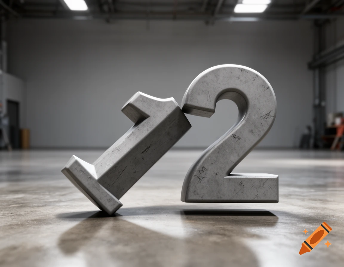 Photorealistic 3D render of a concrete number 2 pushing a concrete number 1 on a warehouse floor.