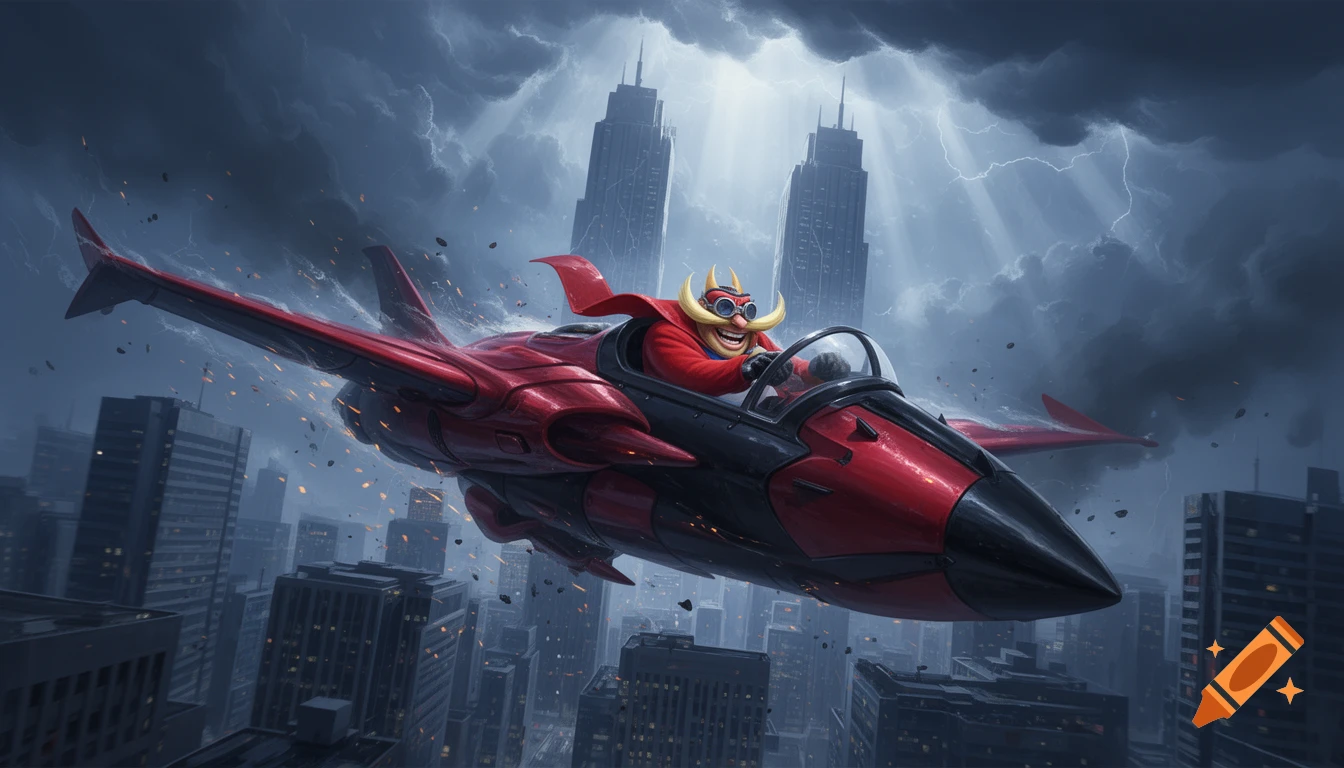 Dr. Eggman piloting a sleek red jet through a stormy city skyline with towering skyscrapers.