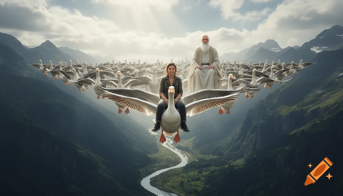A young woman and an elderly man riding giant geese leading a V-formation flock over a valley, photorealistic style.