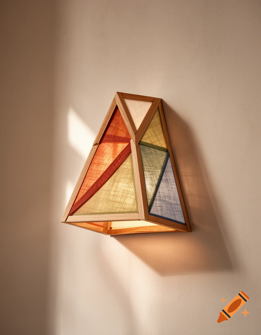 A modern geometric wall lamp made of wooden framing and colored fabric panels, mounted on a plain wall with warm light casting shadows.