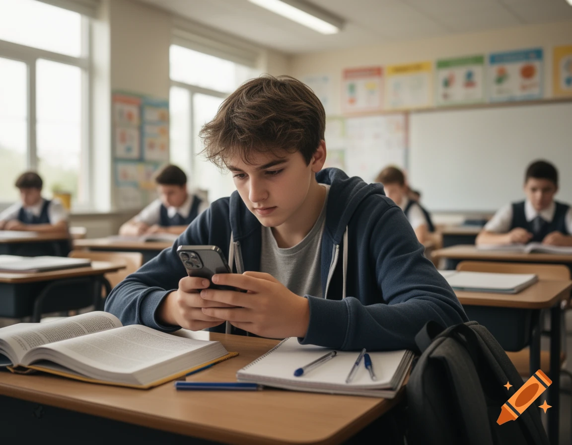 A teenage student looking at a smartphone while sitting at a desk in a classroom, with an open textbook in front of him.