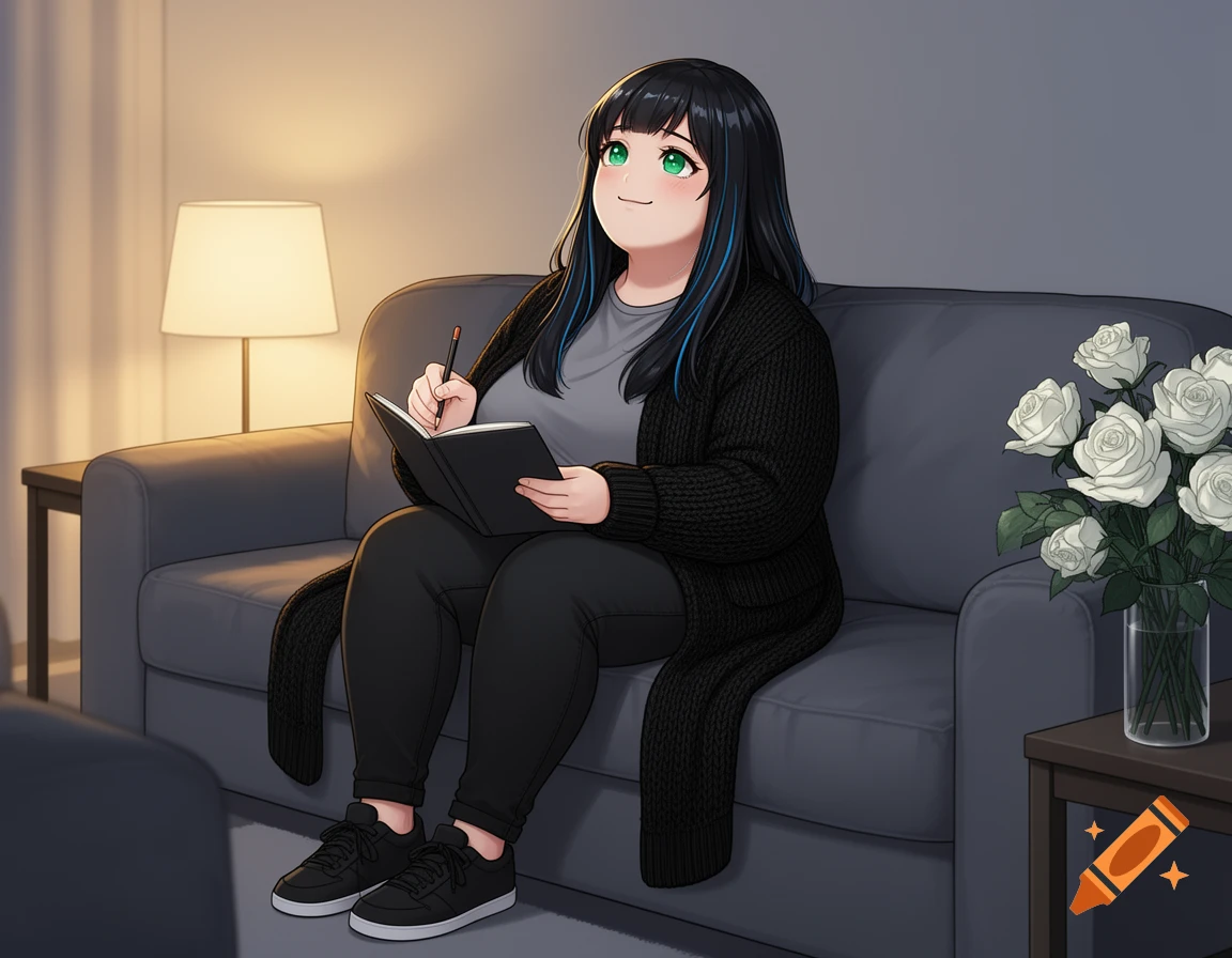 Anime style digital illustration of a chubby woman with black and blue hair sitting on a couch, holding a sketchbook and pencil.