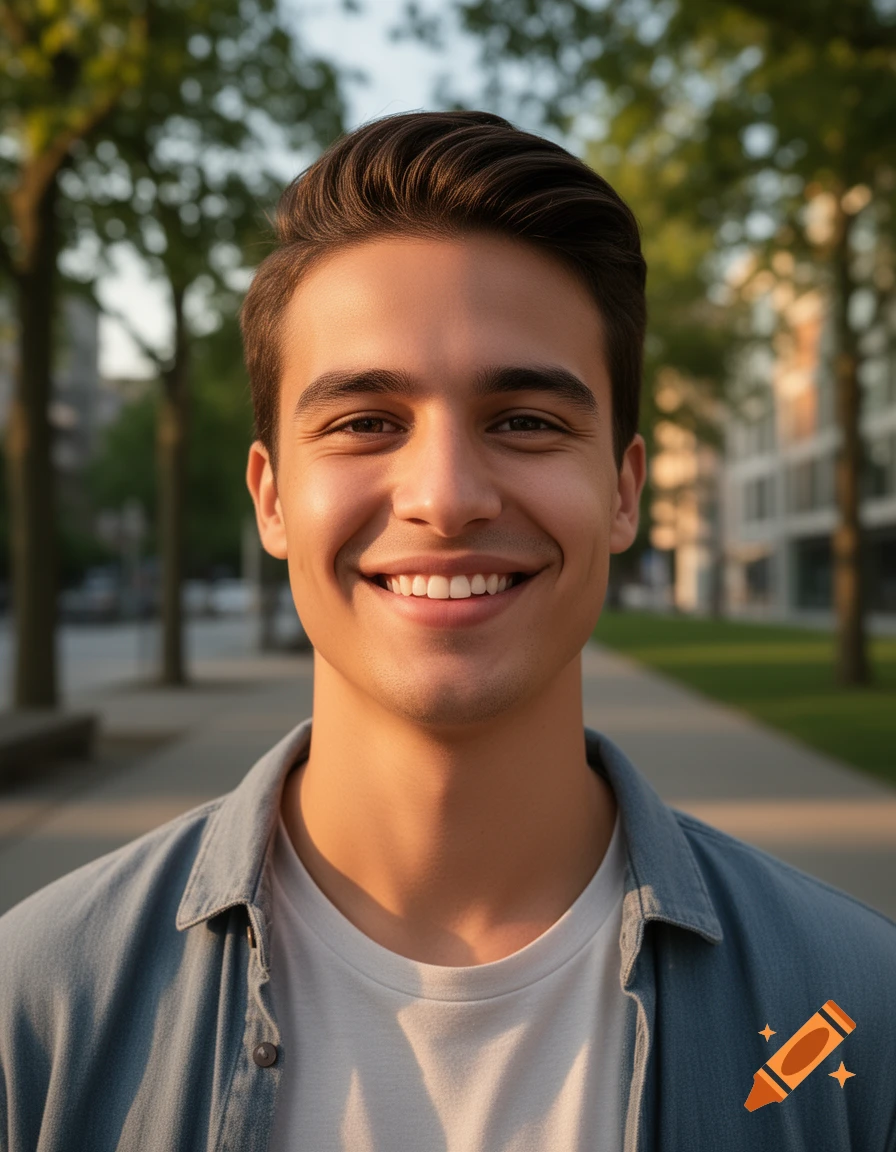 Photorealistic close-up portrait of a young man smiling warmly outdoors with a blurred park and buildings in the background.
