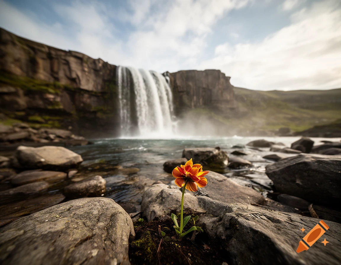 Photorealistic landscape of a waterfall cascading down rocky cliffs with a small orange flower blossoming in the foreground.