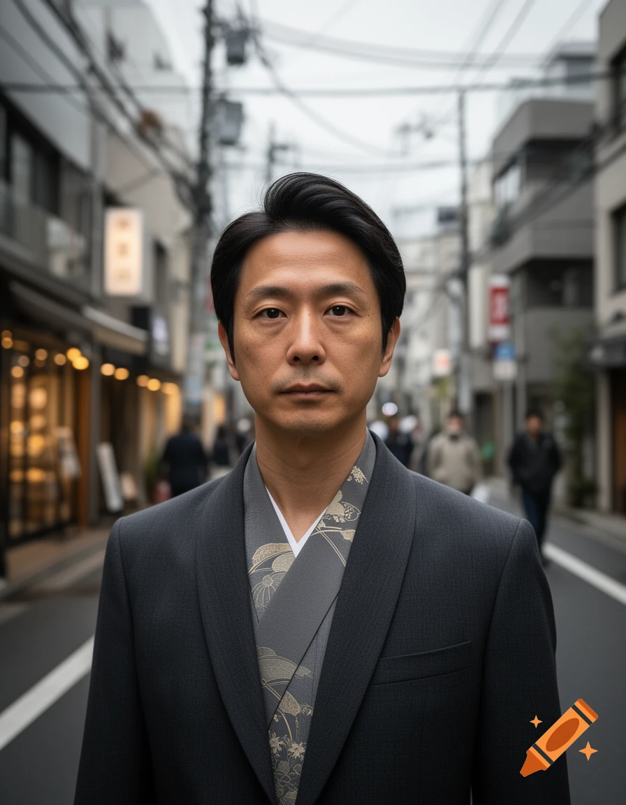 Photorealistic portrait of a middle-aged Japanese man in a modern suit with a traditional kimono collar, standing on a street in Japan.