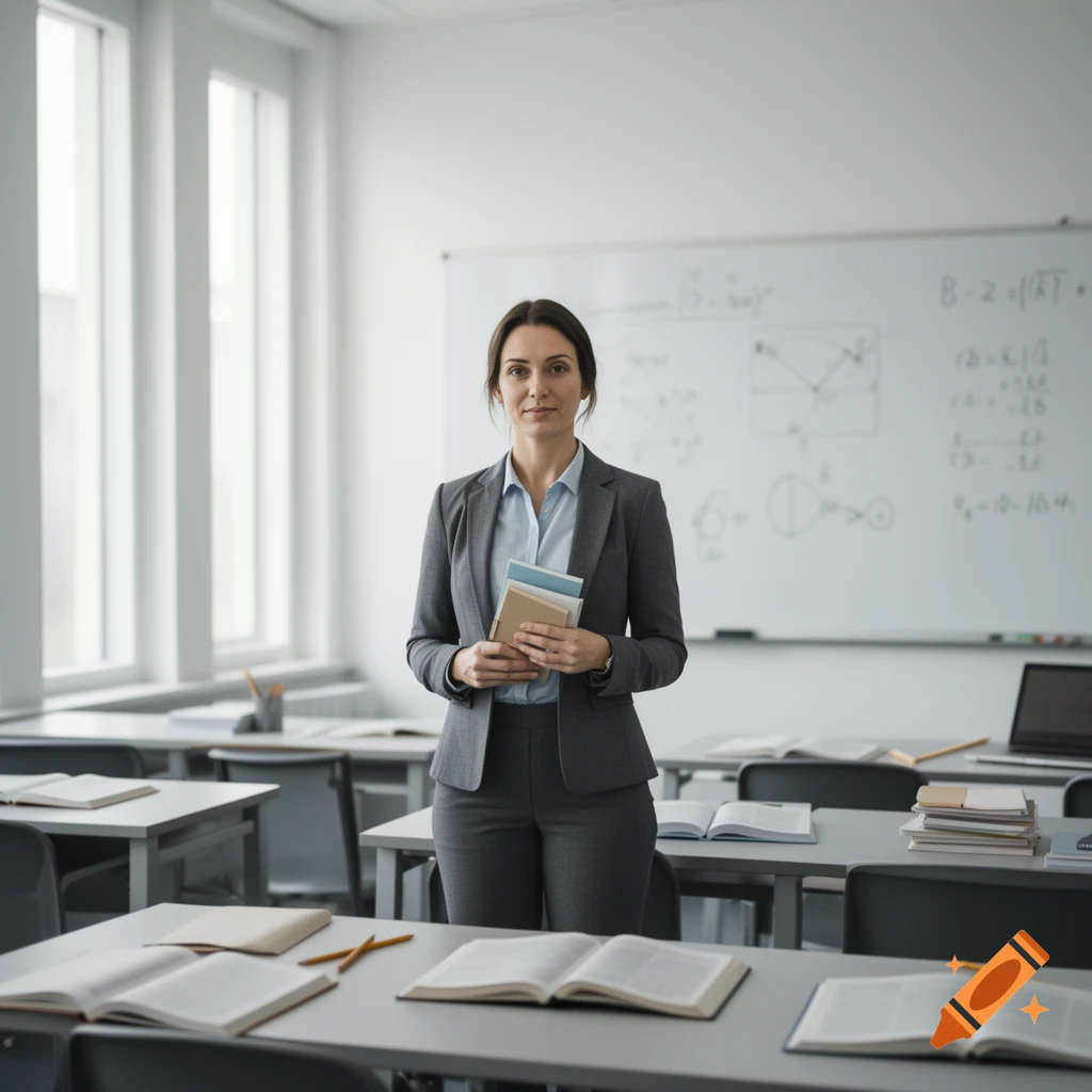 Photorealistic portrait of a female teacher standing in a classroom holding notebooks.