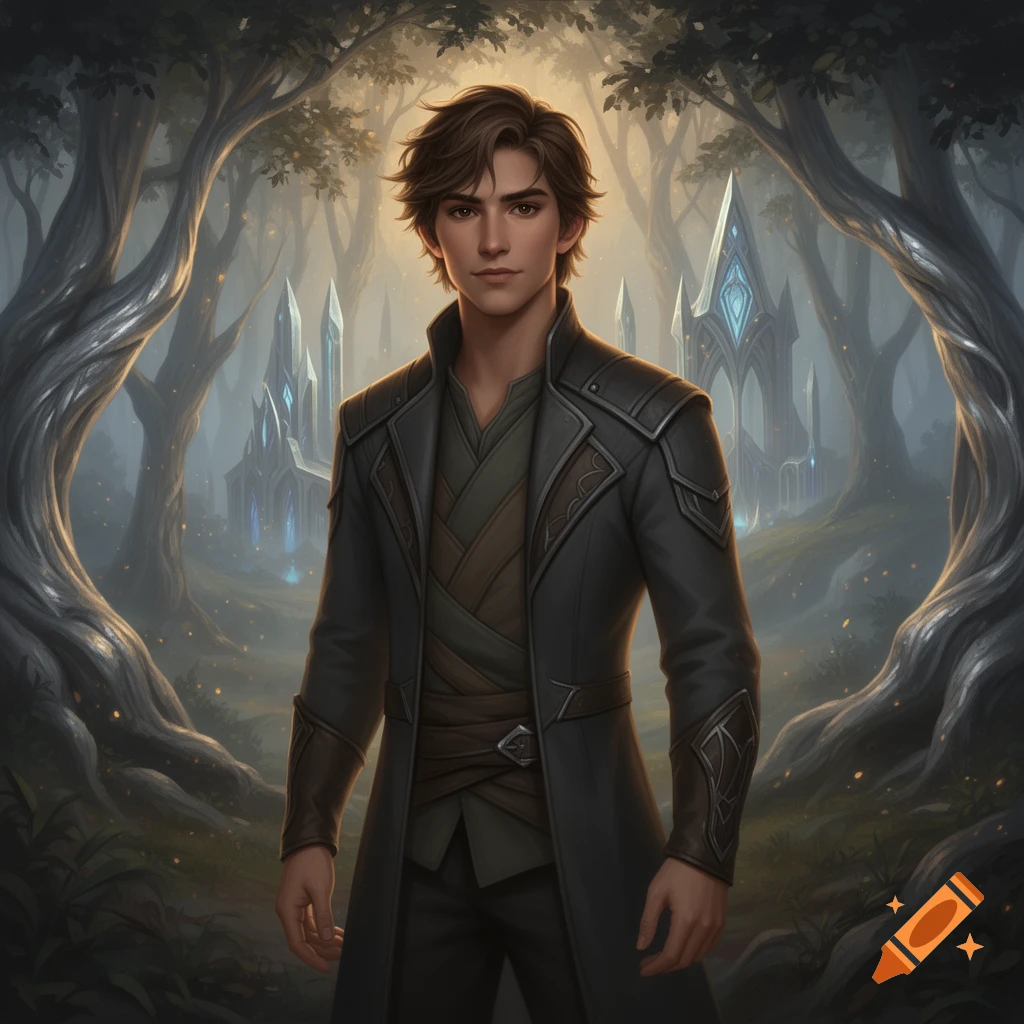 Digital illustration of a young man with dark hair in a dark fantasy forest with crystal structures in the background, in a stylized fantasy art style.