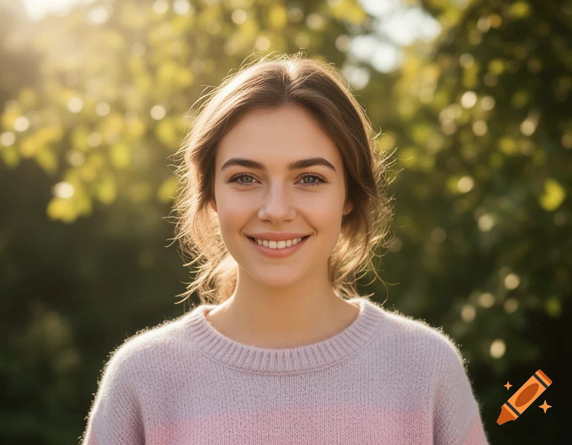 Close-up photorealistic portrait of a young woman with a gentle smile, wearing a pink sweater outdoors with soft bokeh lighting.