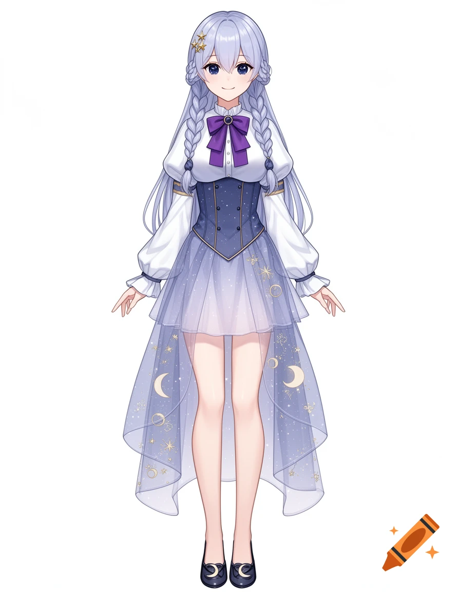 Full-body front view of an anime VTuber character with long pale purple braided hair, wearing a celestial-themed dress.