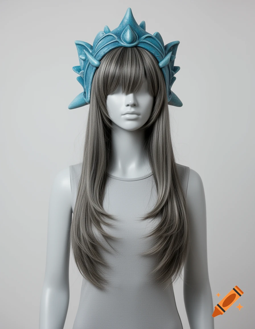 A grey mannequin wearing a layered grey wig and a blue fantasy crown with spikes, against a neutral background.