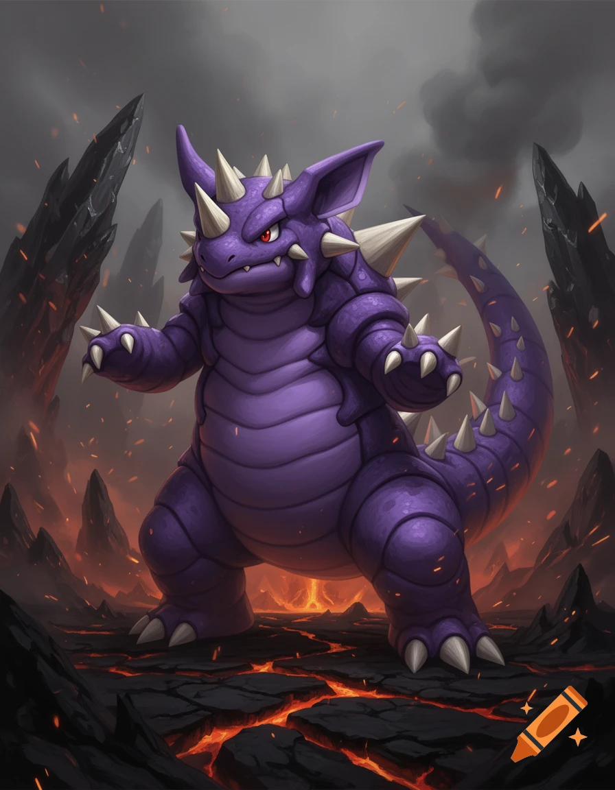 Digital illustration of Nidoking standing in a volcanic wasteland with cracked ground and flowing lava.