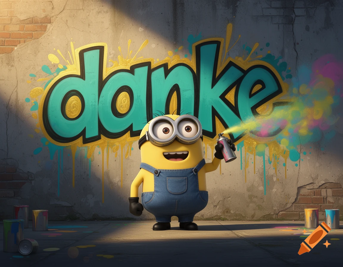 A yellow minion in overalls holding a spray paint can in front of a brick wall with graffiti that says 'danke'.