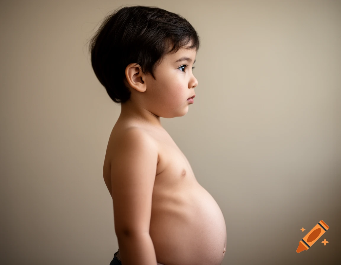 Photorealistic profile of a young shirtless boy with an enlarged belly, standing against a neutral background.