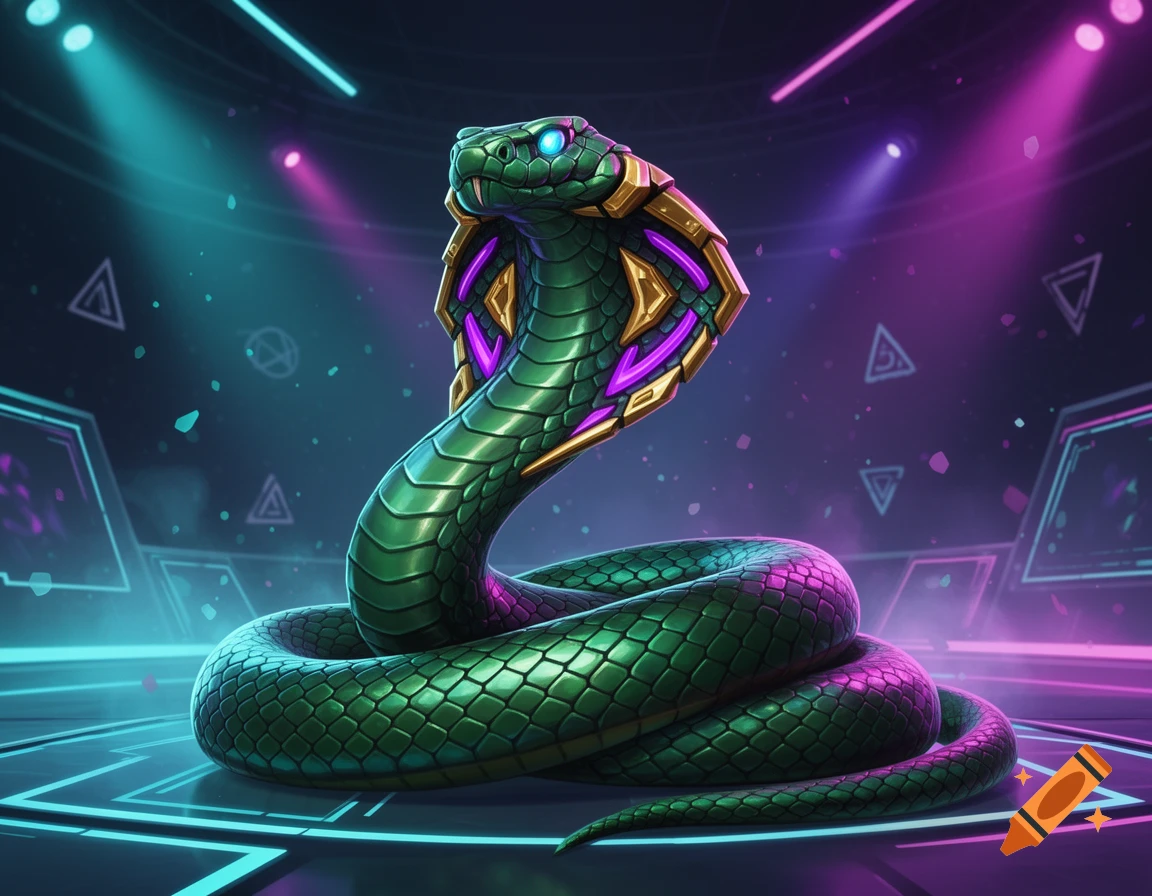 Digital illustration of a green cobra snake with glowing blue eyes and tech-inspired gold and purple armor, coiled in a futuristic arena.