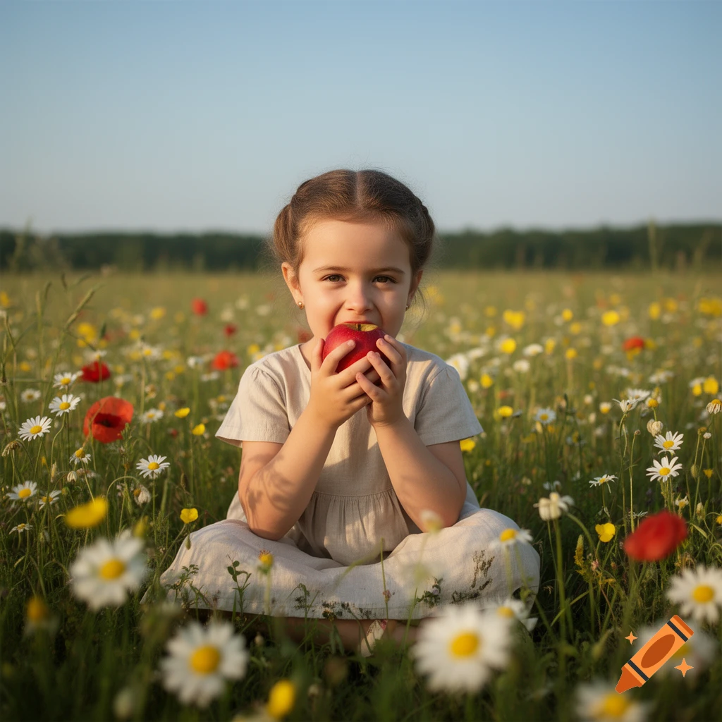 A young girl sitting cross-legged in a field of wildflowers, eating a red apple.