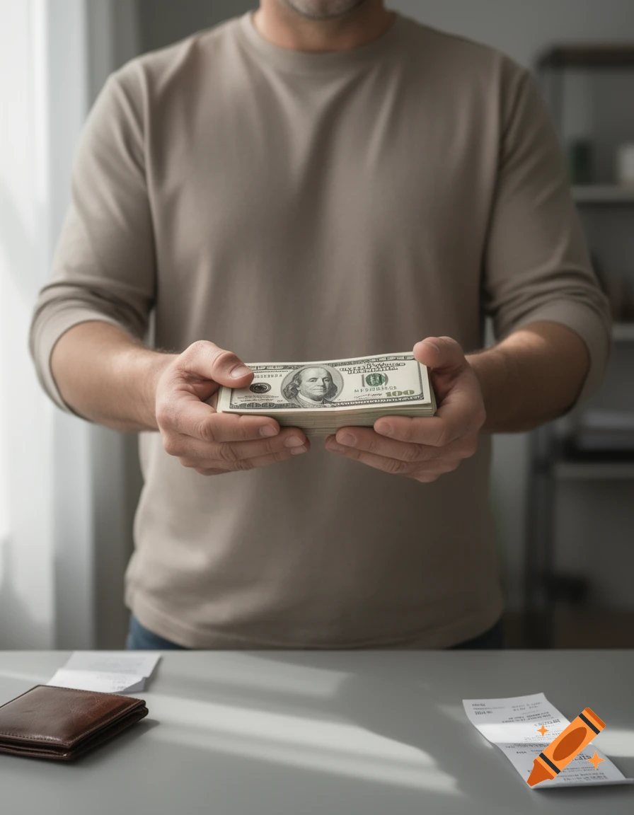 Photorealistic image of a person holding a stack of one hundred dollar bills over a table.