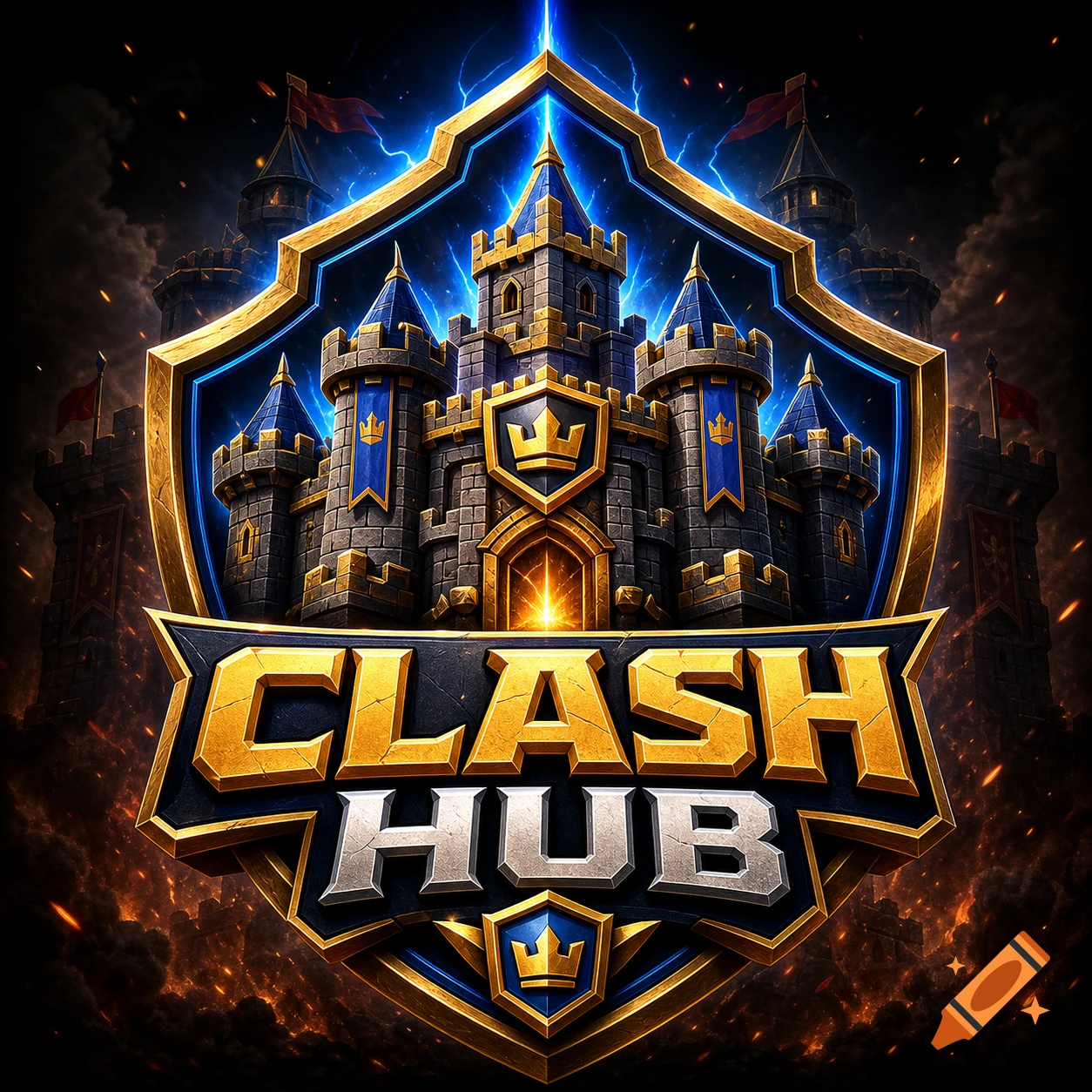 Digital gaming logo featuring a fantasy castle inside a shield with the text CLASH HUB, dark epic style.