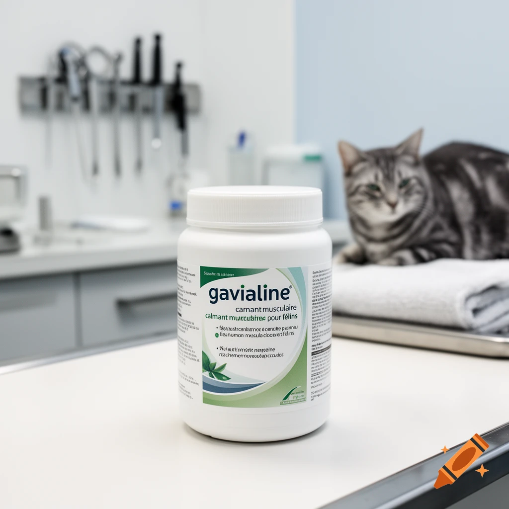 Photorealistic image of a white plastic medicine bottle with a label, sitting on a veterinary table with a cat in the background.
