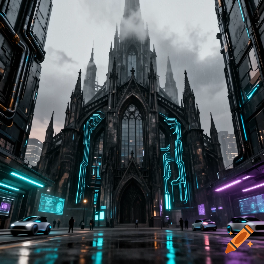 A towering gothic cathedral integrated with futuristic sci-fi elements and glowing cyan circuits under a cloudy sky.