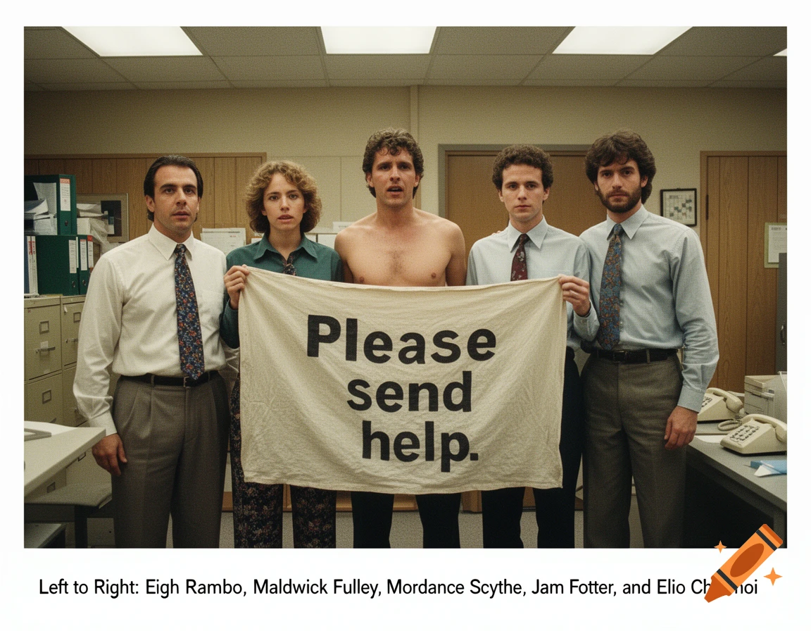 Five office workers stand in an 1980s office, with the center man shirtless, holding a banner that reads "Please send help."