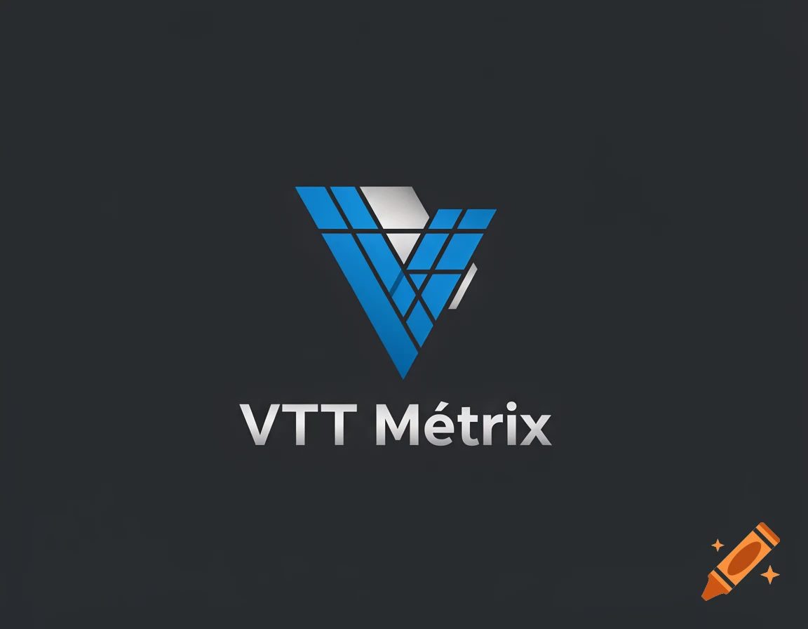 A stylized geometric blue and silver 'V' logo with the text 'VTT Métrix' below on a dark grey background.