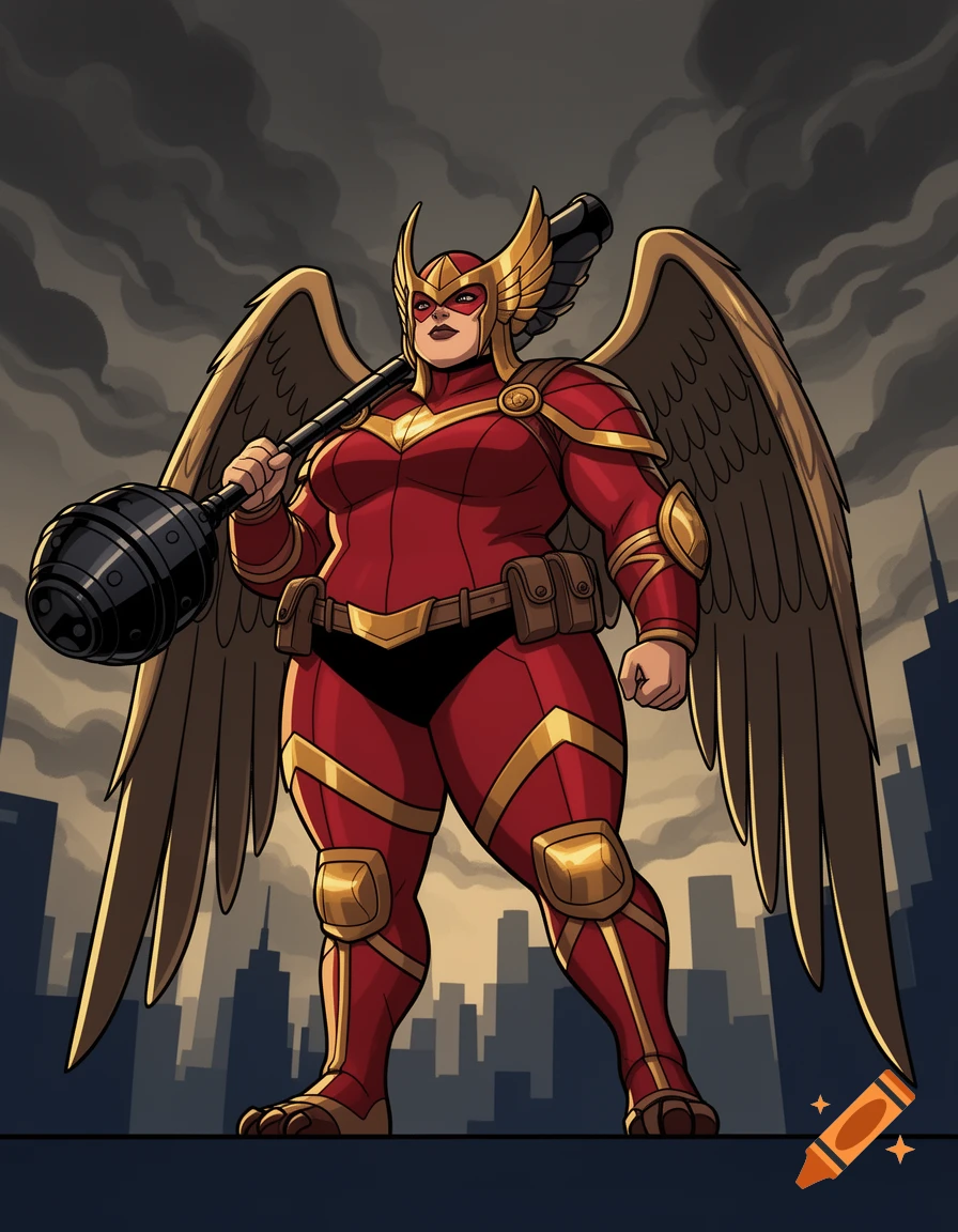 An overweight Hawkgirl in red and gold armor with large wings and holding a mace, Bruce Timm comic style.