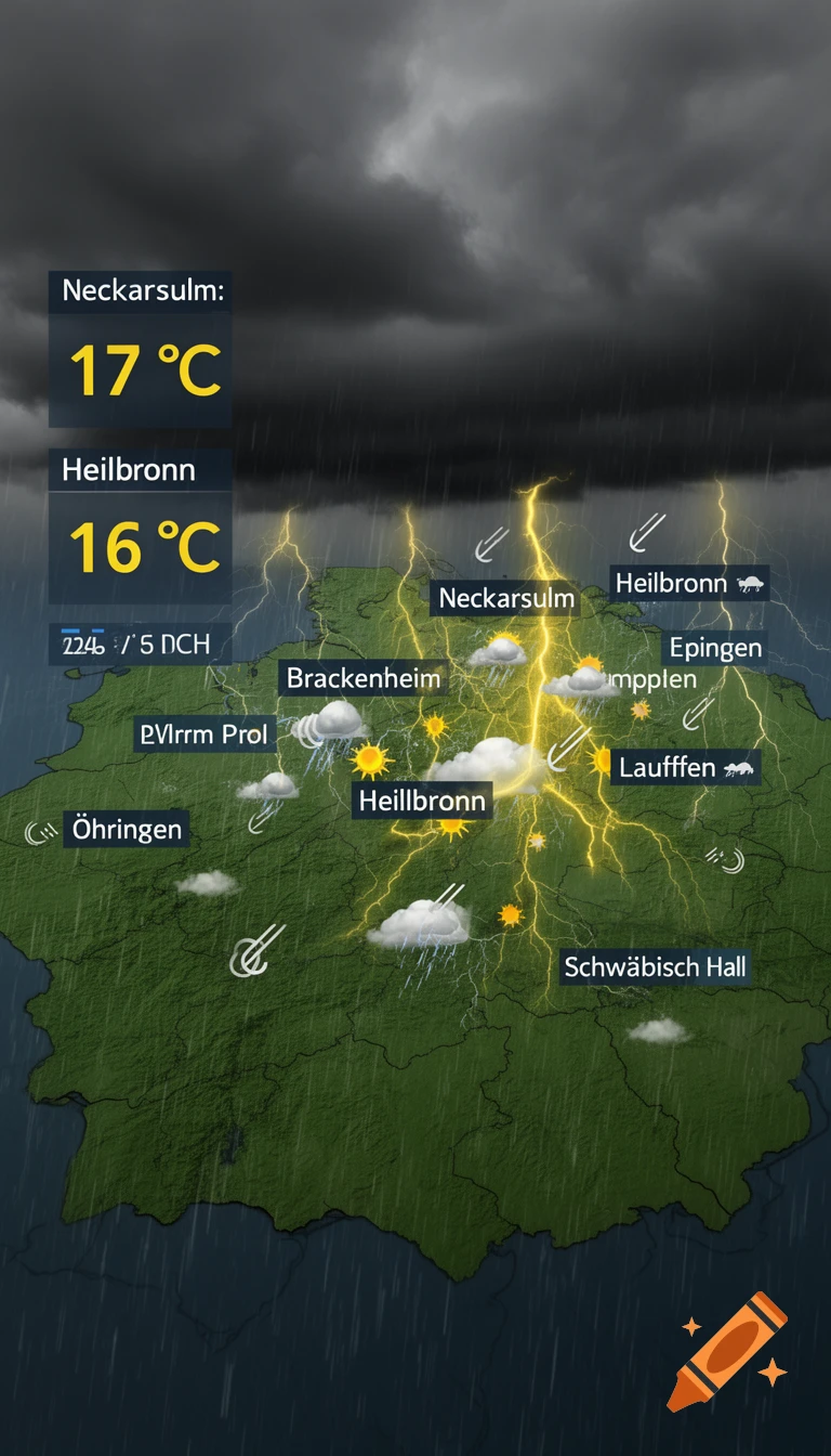 A severe weather map of the Heilbronn region with temperatures, storm clouds, and lightning.